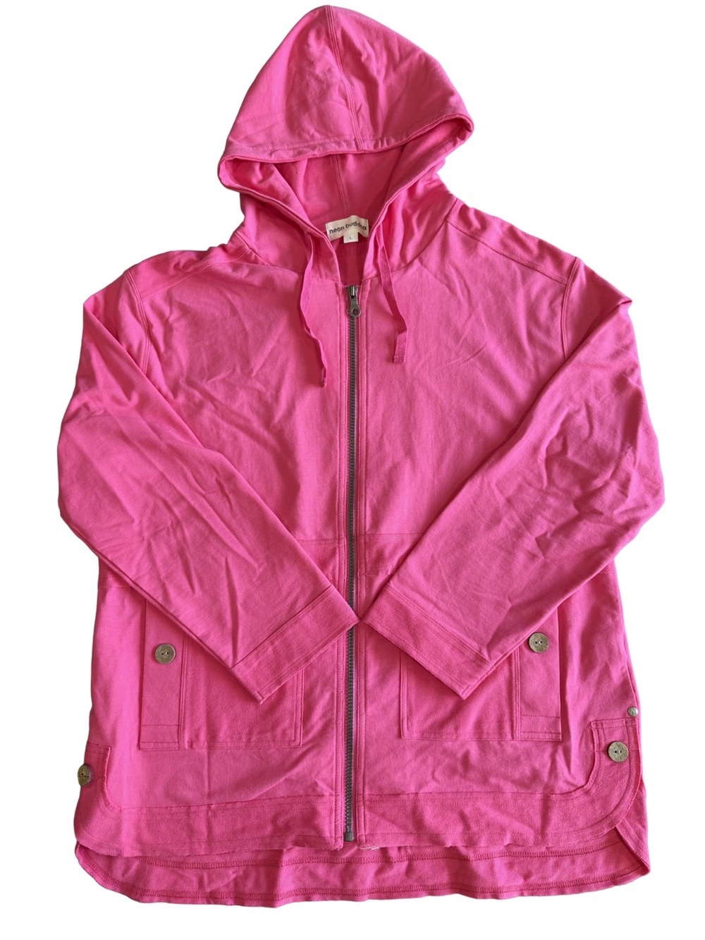 Neon Buddha Pink Full Zip Hooded Jacket Large Button Pocket Cotton Hoodie Boho